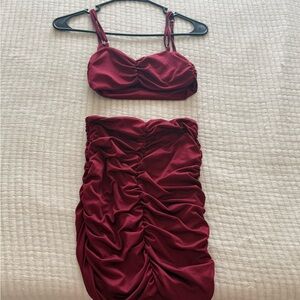 Chic Ruched Midi Skirt Set in Deep Red (never worn)